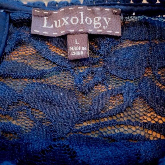 Luxology Dress Sz Large Blue Lined Lace Detail 3/4 Sleeves Flowy Boho Flirty - Picture 7 of 12